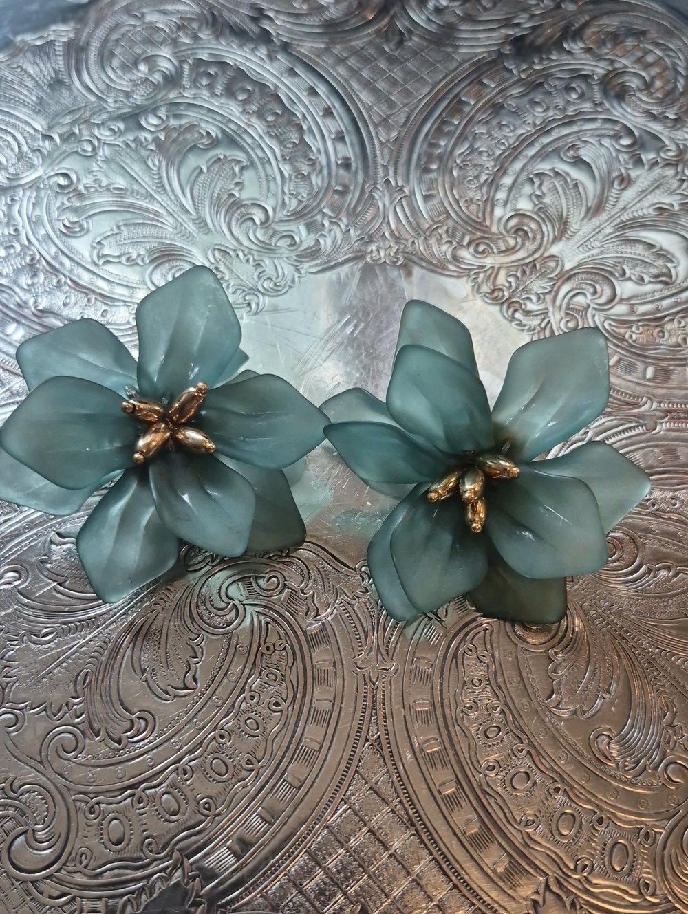 Floral Statement stud Earrings in Teal Green